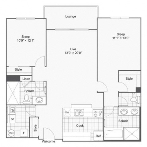 A floor plan of a two bedroom apartment with a lounge.